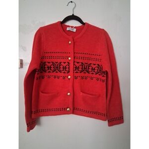 Free Assembly Womens Red Fair Isle Button Front Cardigan Sweater Gold Buttons M